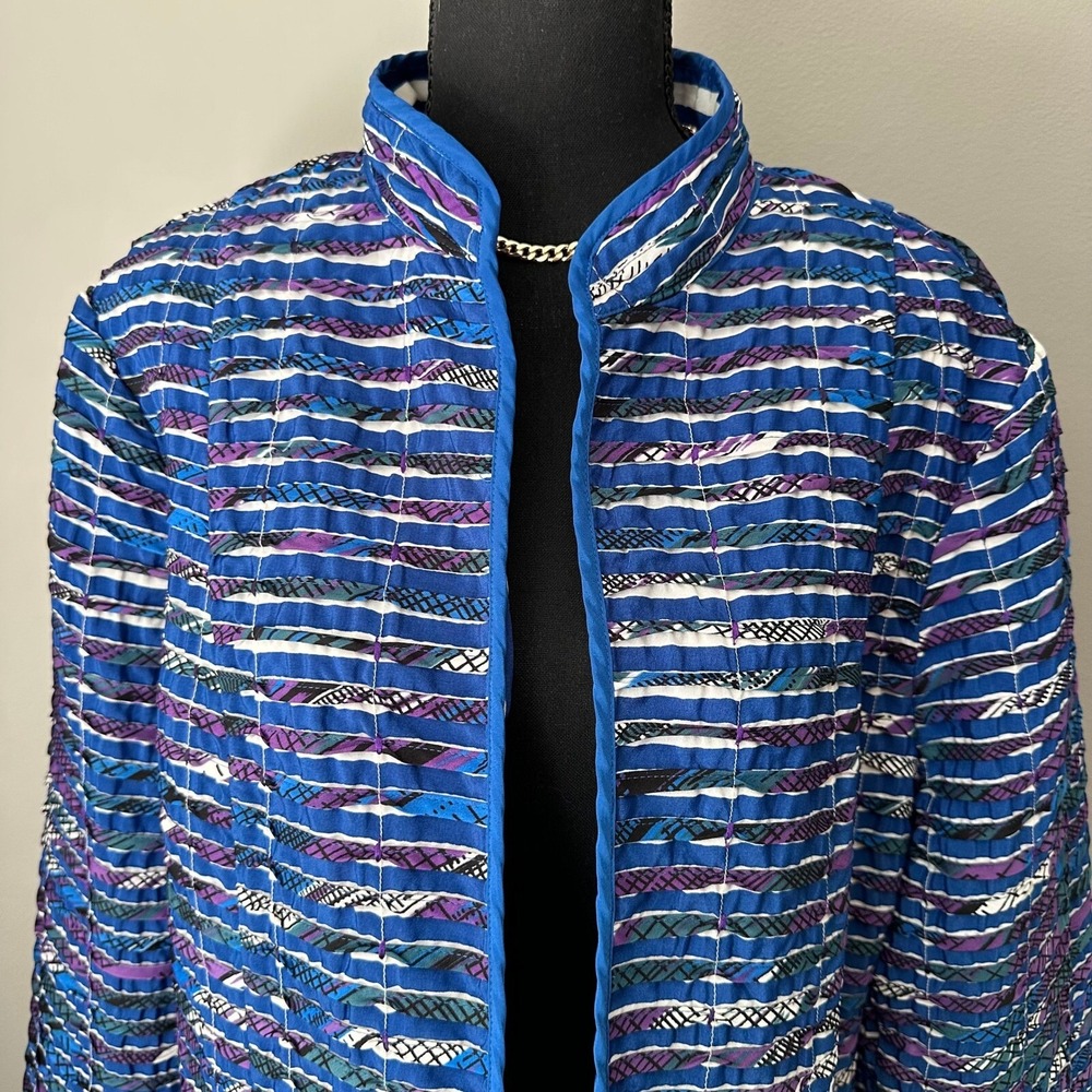 Chico's Women Jacket Medium 2 Blue Purple White Quilted Open Coastal Work READ